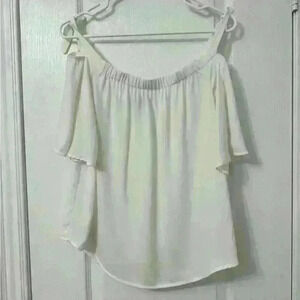 Naked Zebra Woman’s White Sheer Business Casual  Off-the-shoulder Flowy Top